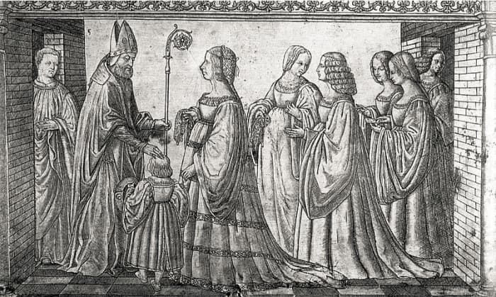 Lucrezia Borgia presenting her son Ercole to St. Maurelio - Silver plaque engraved by Giannantonio da Foligno (1508)
