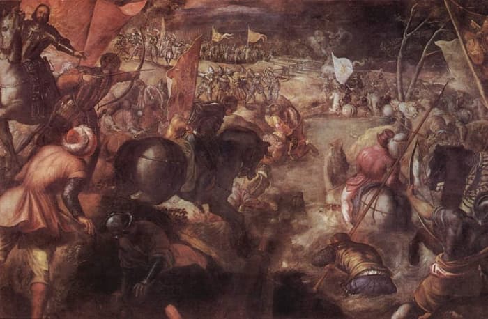 Tintoretto, Battle of Fornovo (a. 1578), Monaco - Francesco Gonzaga appears on his horse on the left side of the painting