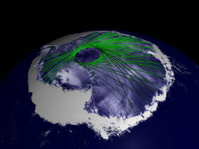 This image shows how ICESAT captures the network of satellites that criss-cross the globe leaving a black hole of information retrieval at the true North Pole.