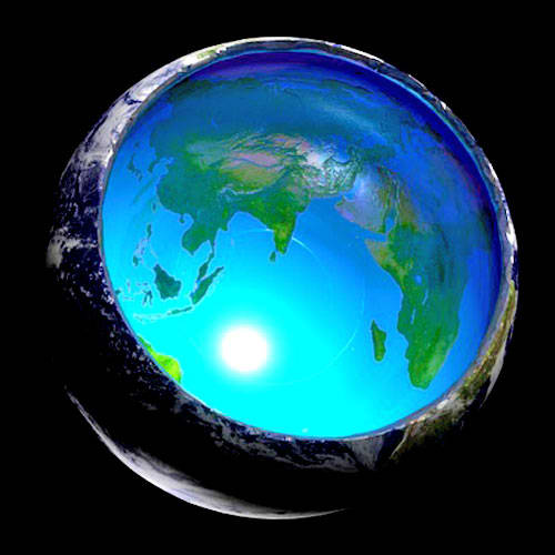 This cut-away view of our planet shows the interior sun and continents inside our planet.