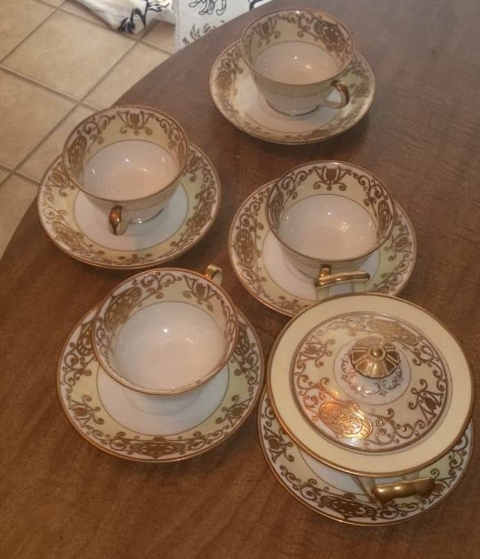This is a gorgeous set of demitasse tea cups with saucers and a sugar bowl. All of these items are stamped "Made in occupied Japan."