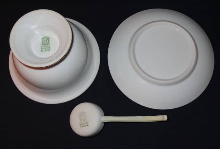 The mayo bowl is marked with the green Noritake #16034 stamp, and the ladle is marked with the green Noritake #43061 stamp. The under-plate has no marking.
