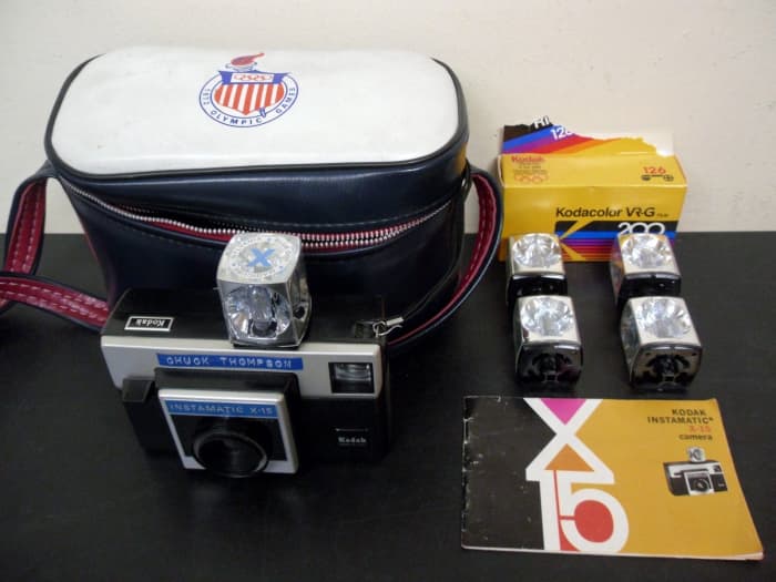 Kodak Instamatic X-15 Camera with a 1972 Olympic Case, and Magic Cube Flashes, and is still works great!