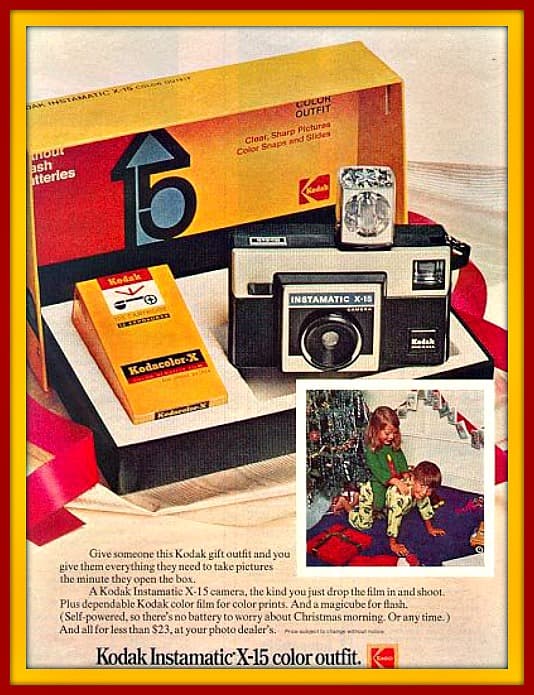 The Kodak Instamatic X-15 Camera requires no batteries, no focusing or other setting. It offers instant, effortless picture taking by sunlight or with the new four bulb, sell-powered Magicube, Type X.