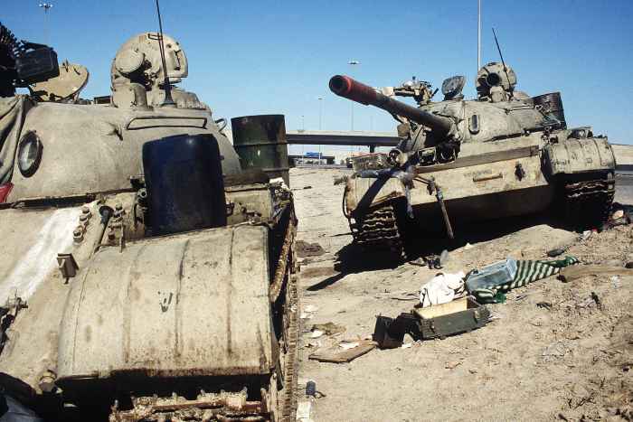 Iraqi tanks along Highway 80 leading out of Kuwait into Iraq (Highway of Death) April 18th 1991.