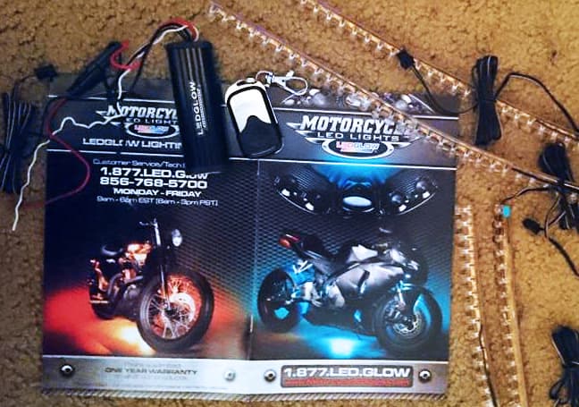 A typical kit includes LED strips, a relay, instructions, and some include a remote to operate the LED lights.