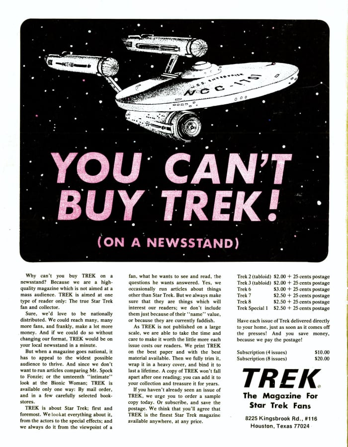 The Back Cover of Trek #8 The Magazine for Star Trek Fans telling you that you can not buy Trek on a newsstand.
