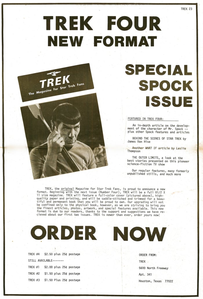 Beginning with the number 4 Trek it became a full size Magazine with high quality paper and printing, and had saddle stitched and trimmed for a beautiful and permanent book.