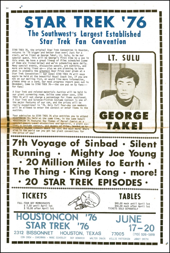 1976 was the Golden Age of Star Trek Conventions as Seen in Trek 3. you had a Star Trek Convention in Houston in March 12th to the 14th in 1976 and Miamicon in December, and Houstoncon 1976 in June.