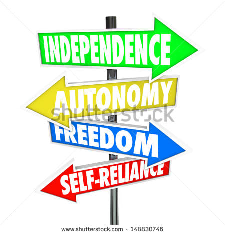 The words Independence, Autonomy, Freedom and Self-Reliance on four road sign arrows pointing and directing you to a life of liberty and self determination