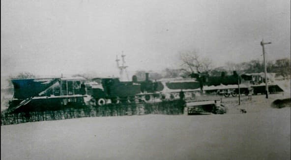 A pair of North Eastern Railway snow ploughs seen at Tees Valley Jct on the Stainmore line near Barnard Castle - nearest loco looks like Class N9 0-6-2T, further one could be a B16 4-6-0, both former NER locomotives probably based Darlington