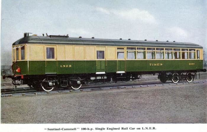 Sentinel Railcar, 'Times', these and the chunkier Clayton steam railcars were introduced on LNER branch lines to cut costs in the 1930s. 'Coffee pot' boiler in mid-car was fed by the fireman, who didn't see his driver until they came to journey's end
