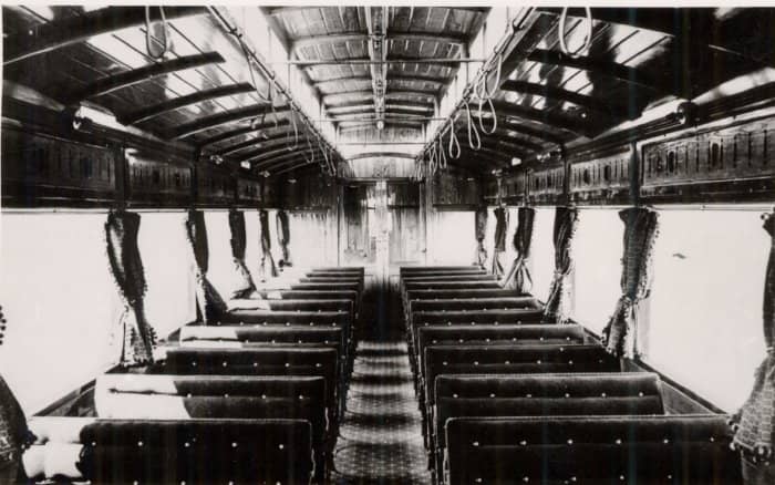 This is the light and airy interior of the 1903 NER Autocar. It had been used as a holiday home near Pickering in North Yorkshire and was in poor condition, although the hardwood frame was intact