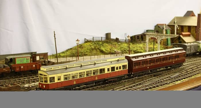 This is the Keighley Model Railway Club's 7mm 1903 NER Petrol-Electric Autocar with its autocoach trailer. - there's a ready-to-run version being made by Heljan for Rails of Sheffield (watch out in the railway model press for details)