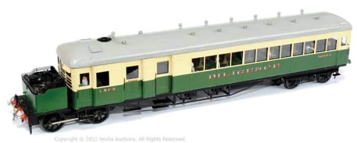 O Gauge (7mm) model of Clayton steam railcar in LNER livery, No. 16194 'Diligence' (a Sentinel steam railcar shedded at West Auckland, County Durham bore the same name)