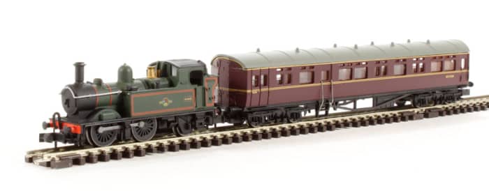 NSTEAM1 model Great Western Railway autocoach trainset with track oval, Class 14XX locomotive in charge