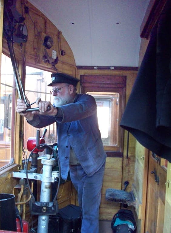 Driver Eric Nutland on the visiting GWR Autocoach at the Bluebell Railway in East Sussex