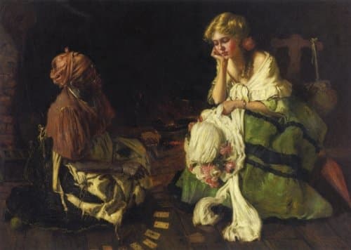 Depiction of a black conjure woman in slavery telling the future to her white mistress.