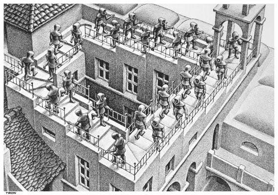 Escher's work often challenges the viewer to question our own perception of reality, by drawing things that are logically impossible in the real world.