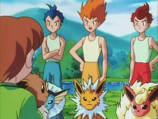 The Eevee Brothers: Rainer, Sparky and Pyro, with their Eevee evolutions Vaporeon, Jolteon and Flareon.