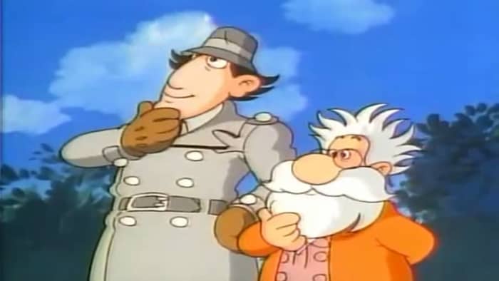 Inspector Gadget (voiced by Don Adams) stands here with Professor Musty, one of the helpful characters in the episode Did You Myth Me?