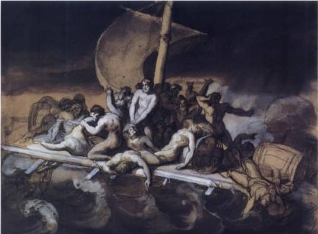 Cannibalism on the Raft of the Medusa, crayon, ink wash, and gouache on paper, 28 cm × 38 cm, Louvre. This study is darker than the final work, and the positions of the figures differ significantly from those of the later painting.