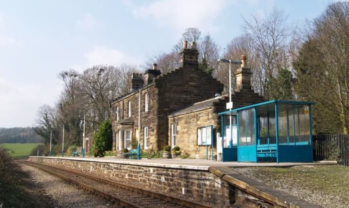 Egton Bridge Station looking west with the blue 'bus stop' waiting shelter at the eastern end of the platform. The Station Master's house, offices and waiting rooms were sold off by British Railways in the mid-1960s