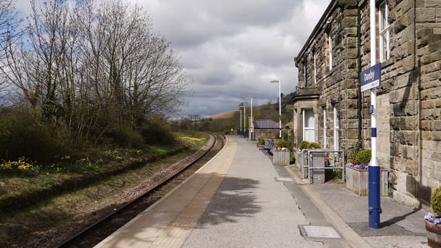 Danby Station looking west towards Castleton - the buildings haven't changed, it's just the platform 'furniture' that's been updated