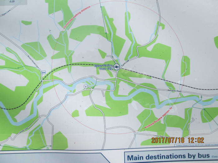 Map on the wall of Egton Station showing the line to east and west and the course of the River Esk as it winds its way through the lower village of Egton Bridge, on east toward Grosmont and Sleights before widening to the tidal range at Ruswarp weir