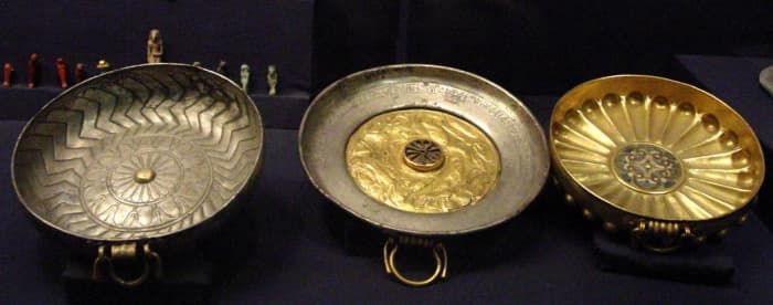 Funerary cups, made from gold, silver and electrum, for General Undjebundjed who was buried in the tomb of his king Psusennes I