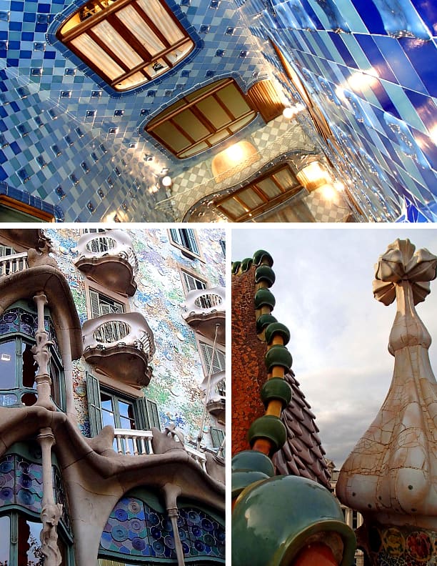 Architectural details of Gaudi's Casa Batllo: blue ceramic tiles on the interior walls, sculptures on rooftop, stone works on building facade.
