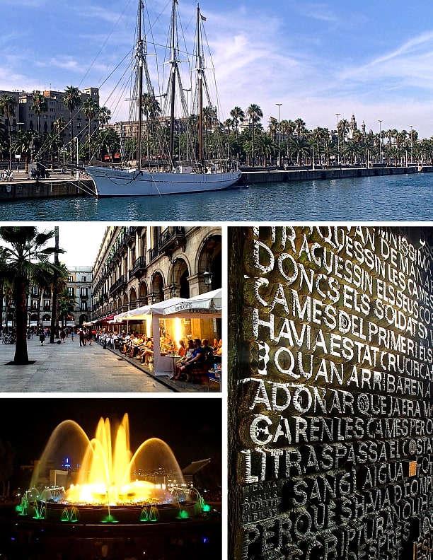 Clockwise from top: Old Port waterfront; stone scriptures at the Sagrada Familia; Magic Fountain; Placa Reial in Gothic Quarter.