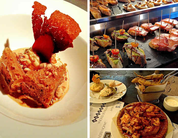 Clockwise from left: Haute cuisine chocolate dessert; pinchos selection; small plates of tapas.
