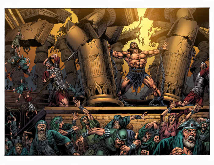 Samson prayed to God to return his strength to him, then pushed down the central pillars of the temple, collapsing it on his enemies.