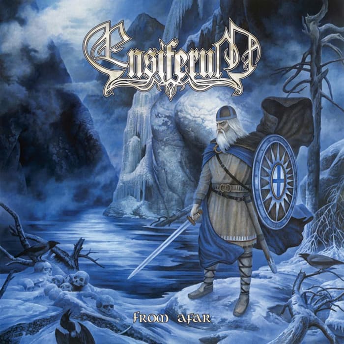 The album cover for From Afar is similar to the band's other albums. A Viking warrior with his shield in hand ventures through a snowed path as he has his sword drawn. He sees skulls and crows.