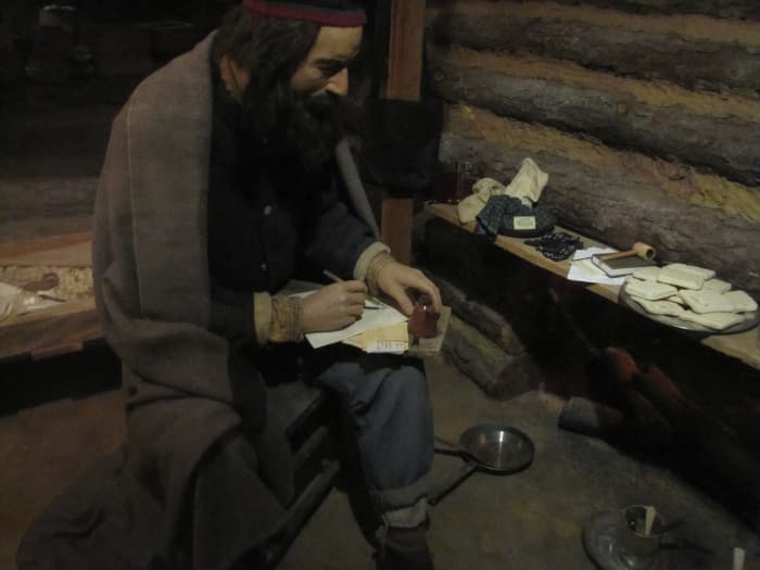 Scene at the Civil War museum in Petersburg, Virginia, showing the interior of a cabin serving as winter quarters.