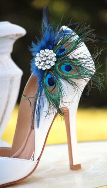 These designed shoes carry the peacock theme to perfection. Would be outstanding in a shorter dress where the shoes would be seen.