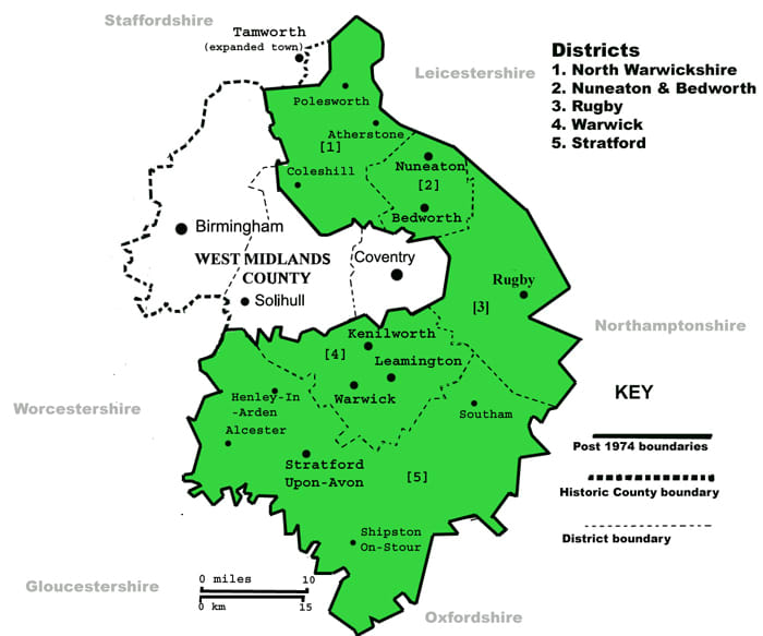 A map showing the modern administrative areas of Warwickshire and the West Midlands- the boundaries of both are drastically different to the historic county of Warwickshire.