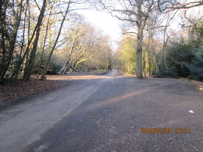 This road kinks a little to the left, although is fairly straight and - but for a hummock to deter motorists - reaches the main road opposite the entrance to the City of London Forestry Depot on the east side of the A104