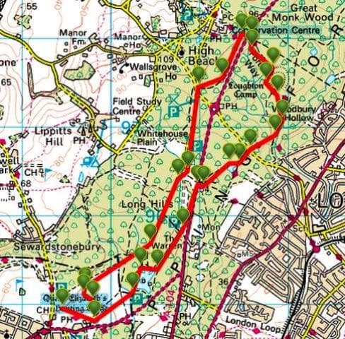 ViewRanger map of walks and walk features in the area of Epping Forest featured on this page