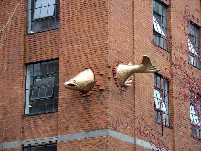 I love this sculpture from a building in Portland, Oregon, but fish really have fallen on buildings from the sky.