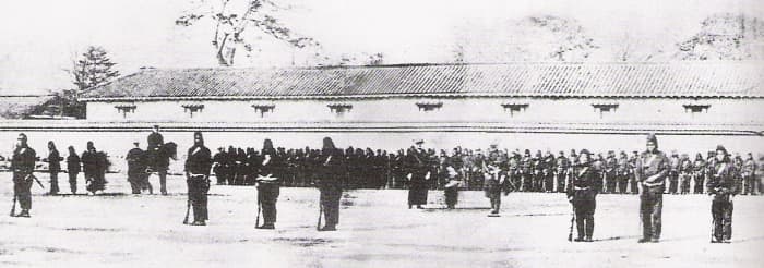 An 1868 photograph of Japanese Tokugawa Bakufu troops being trained by the French Military Mission to Japan.