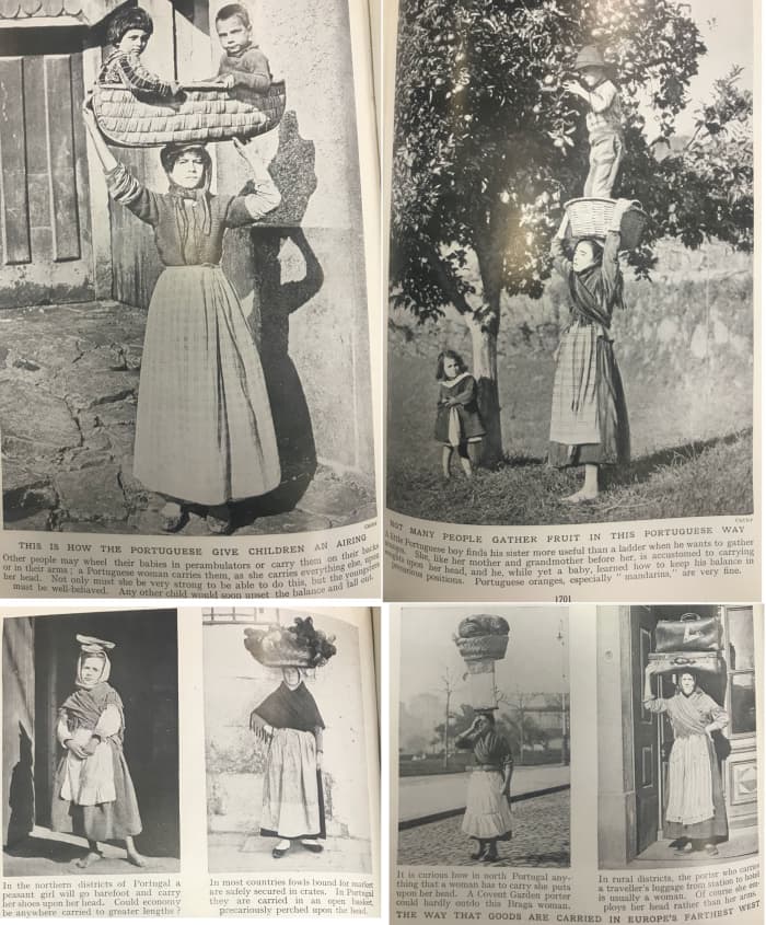 Women in Portugal display prodigious feats in balance and weight bearing, even when a child wants to gather fruit. You won't see this any more, but this would have been done by many other women the world over.