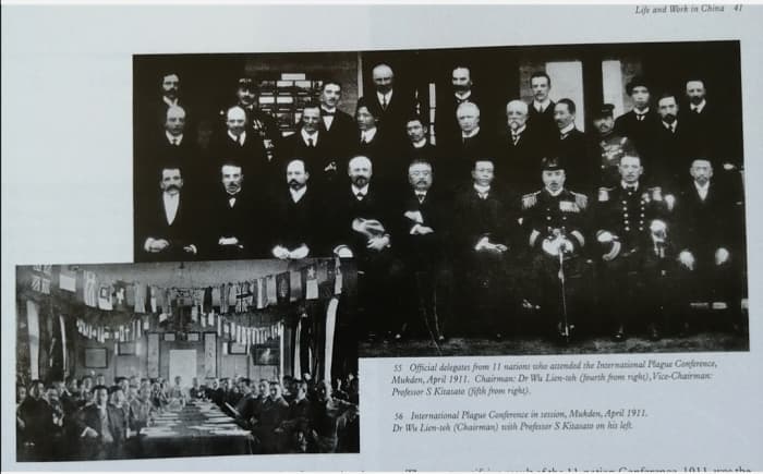 Official delegates from 11 nations attending the International Plague Conference, Mukden, Manchuria, April 1911. Dr Wu, Chairman, 4th from right.