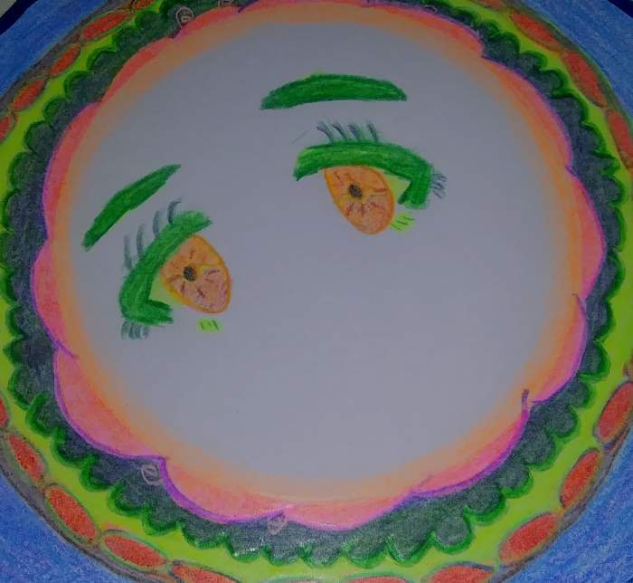 Mandala with two eyes and two eyebrows surrounded with different colored rings around the face.