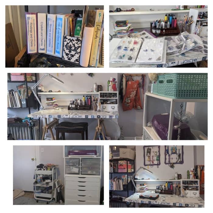 Top row- beads, so many beads. You'd be shocked how many you can fit into those binders. Middle row- attempting to show the layout, but it's too tight for a real panorama Bottom- cart, paints and glitters. Drawers- Papercraft, Cricut & resin