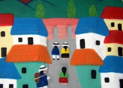 No! Sometimes it is just beautiful like this Ecuadorian painting depicting a village. This painting was created by a local, using traditional techniques. It reflects daily life, and it is folk art.