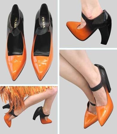 The super-gloss orange colour sharply fades to black. With black elasticized ankle strap these Prada designer shoes are offset by a pointed closed-toe and curved heel.