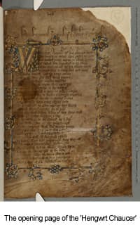 The first page of the 'Hengwrt Chaucer', a 14th century copy of the Canterbury Tales, now held in the National Library of Wales.