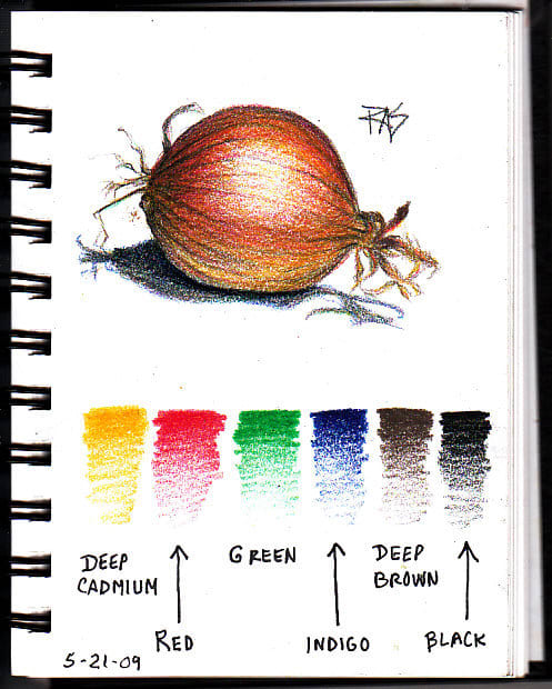 Onion Page in my ProArt wirebound sketchbook with color samples of all six Coloursoft colors used. Robert A. Sloan, May 21, 2009